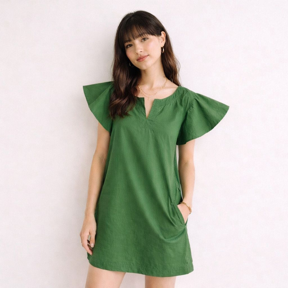 Maeve Anthropologie Flutter Sleeve Shift Mini Dress Green Cotton XS